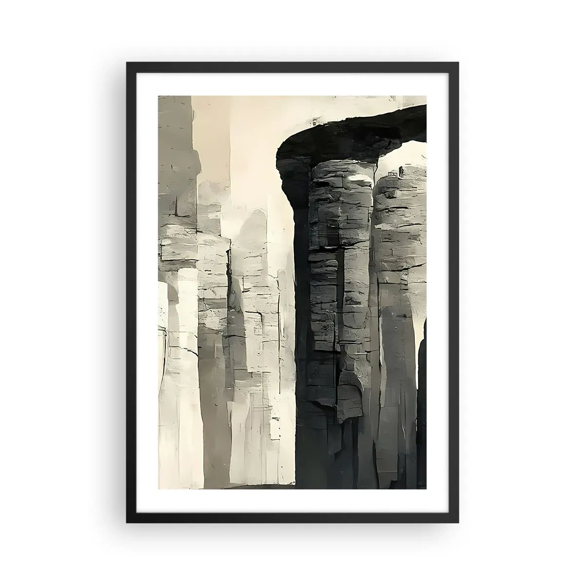 Poszter fehér keretben - Monumentális sziklaalakzatok szürke árnyalatokban - 50x70cm - A régiség fensége - Modern fali dekoráció nappalihoz és hálószobához ARTTOR