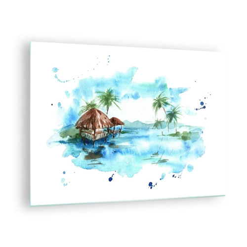 Üveg kép - Trópusi táj pálmafákkal és egy akvarell stílusú házikóval - 70x50cm - Valahol a Csendes-óceánon - Modern fali dekoráció nappalihoz és hálószobához ARTTOR