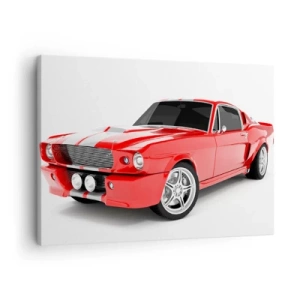 Vászonkép - Piros sportkocsi fehér csíkokkal - 70x50cm - Mustang olyan gyors, mint a szél - Modern fali dekoráció nappalihoz és hálószobához ARTTOR