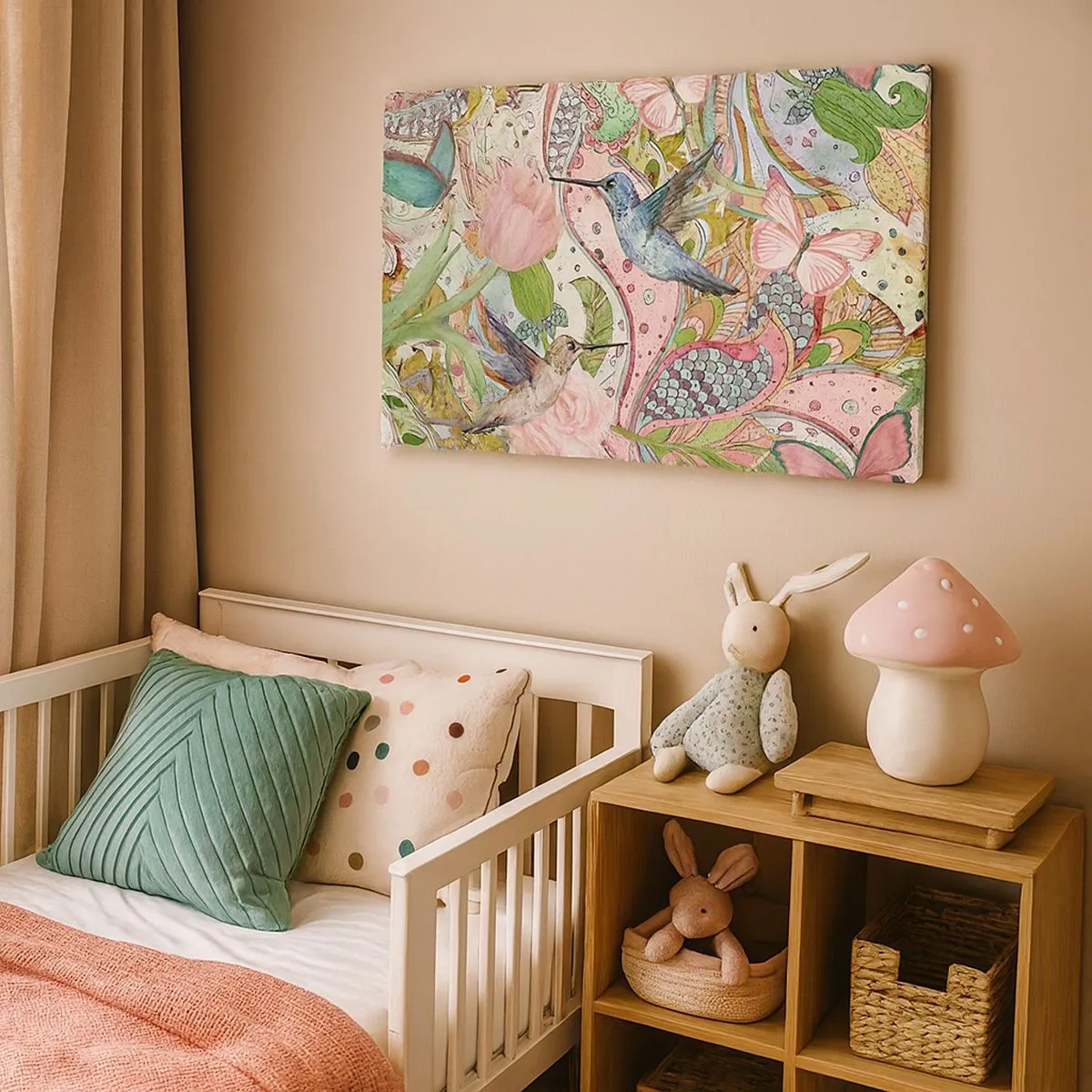 Vászonkép - Színes kolibrik és pillangók a növények között - 70x50cm - Szőlőbe gabalyodva - Modern fali dekoráció nappalihoz és hálószobához ARTTOR