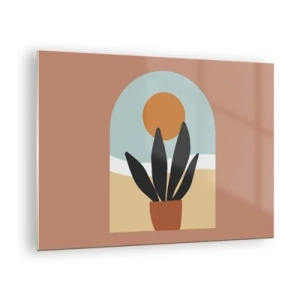 Üveg kép - Egy absztrakt jelenet egy cserepes növénnyel és a háttérben látható nappal, pasztell színekben. - 70x50cm - Kis örömök - Modern fali dekoráció nappalihoz és hálószobához ARTTOR