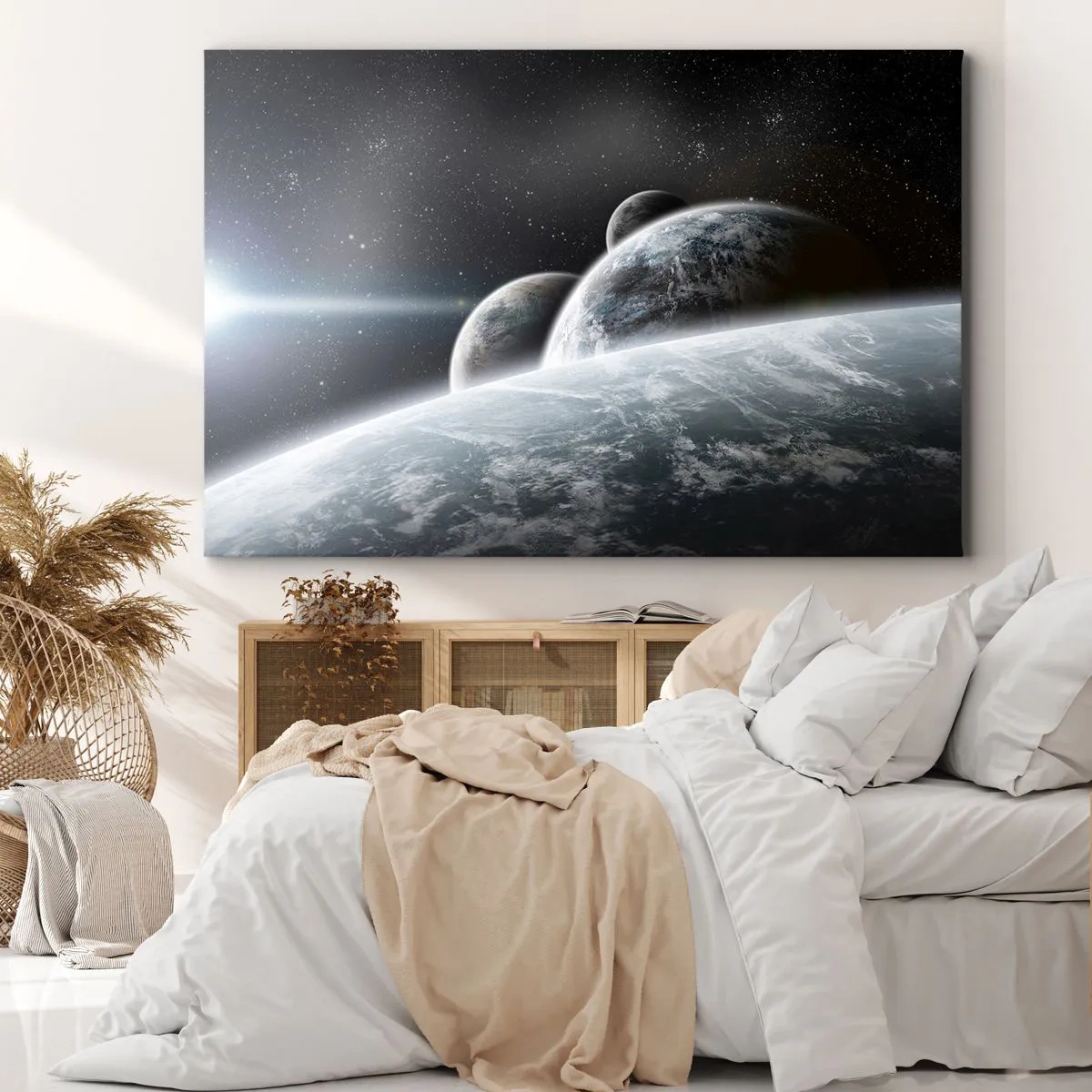 Vászonkép - Bolygók az űrben, a csillagok és galaxisok hátterében - 70x50cm - A szférák kozmikus zenéje - Modern fali dekoráció nappalihoz és hálószobához ARTTOR
