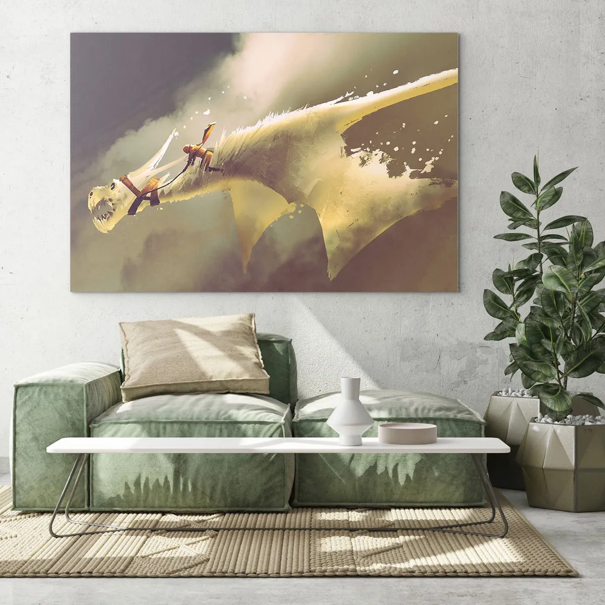 Üveg kép - Egy alak egy fehér sárkány hátán egy ködös tájban - 70x50cm - Segítségre a világnak - Modern fali dekoráció nappalihoz és hálószobához ARTTOR