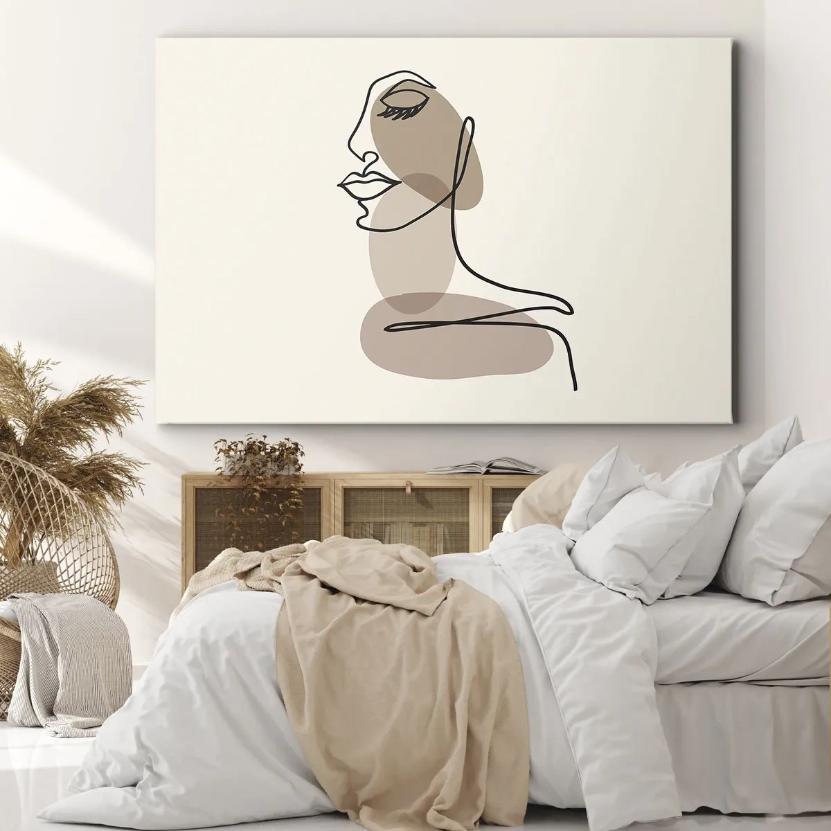 Vászonkép - Minimalista nő arca absztrakt foltokkal - 70x50cm - Elveszve a saját hangjában - Modern fali dekoráció nappalihoz és hálószobához ARTTOR