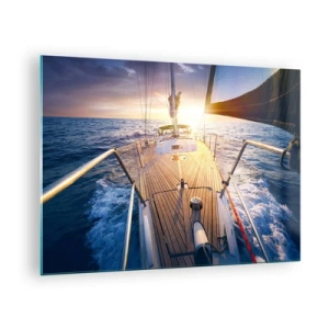 Üveg kép - Egy vitorlás fedélzete a lenyugvó nap és a tenger hullámainak hátterében - 70x50cm - Futás a hullámokon - Modern fali dekoráció nappalihoz és hálószobához ARTTOR