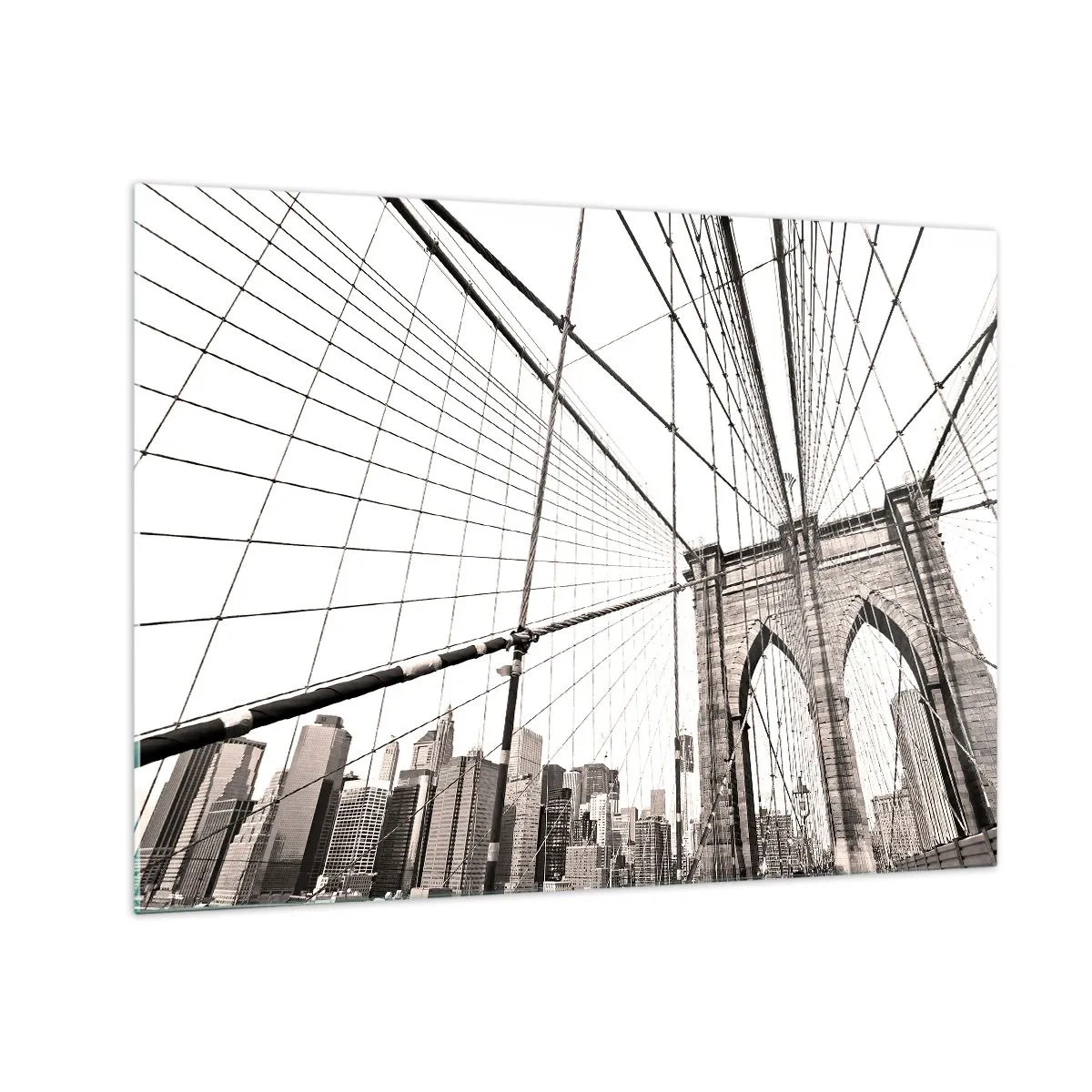 Üveg kép - Függőhíd, a háttérben szépia színű városi panorámával - 70x50cm - New York-i katedrális - Modern fali dekoráció nappalihoz és hálószobához ARTTOR