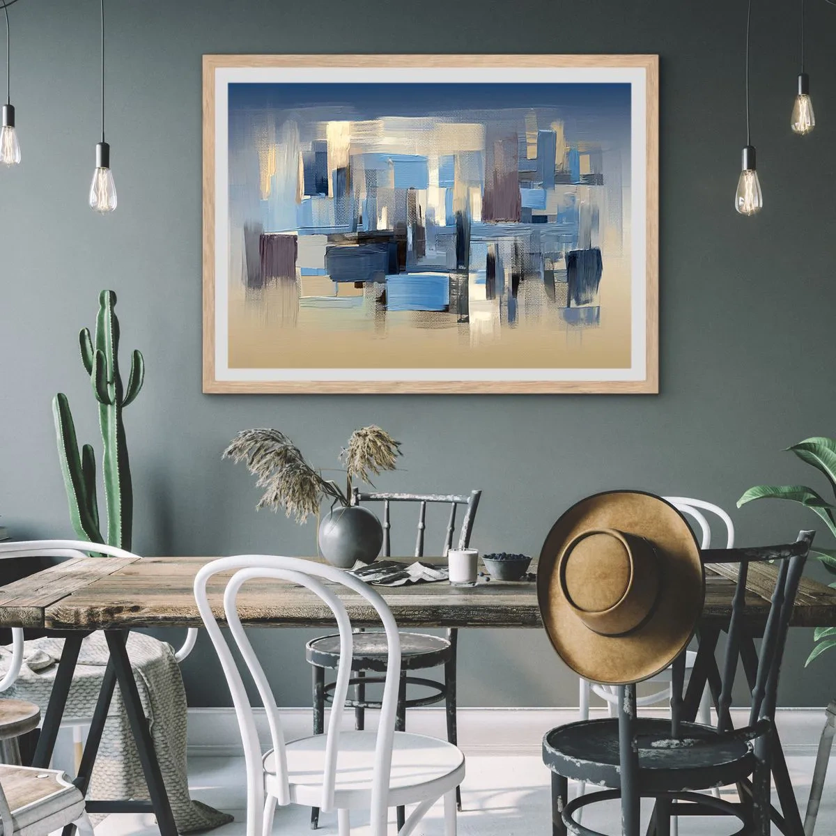 Poszter világos tölgy keretben - Kék építmény - 70x50 cm