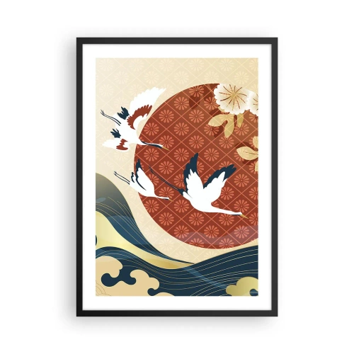 Poszter fehér keretben - Japán kompozíció darukkal, hullámokkal és egy piros körrel - 50x70cm - Japán mese - Modern fali dekoráció nappalihoz és hálószobához ARTTOR