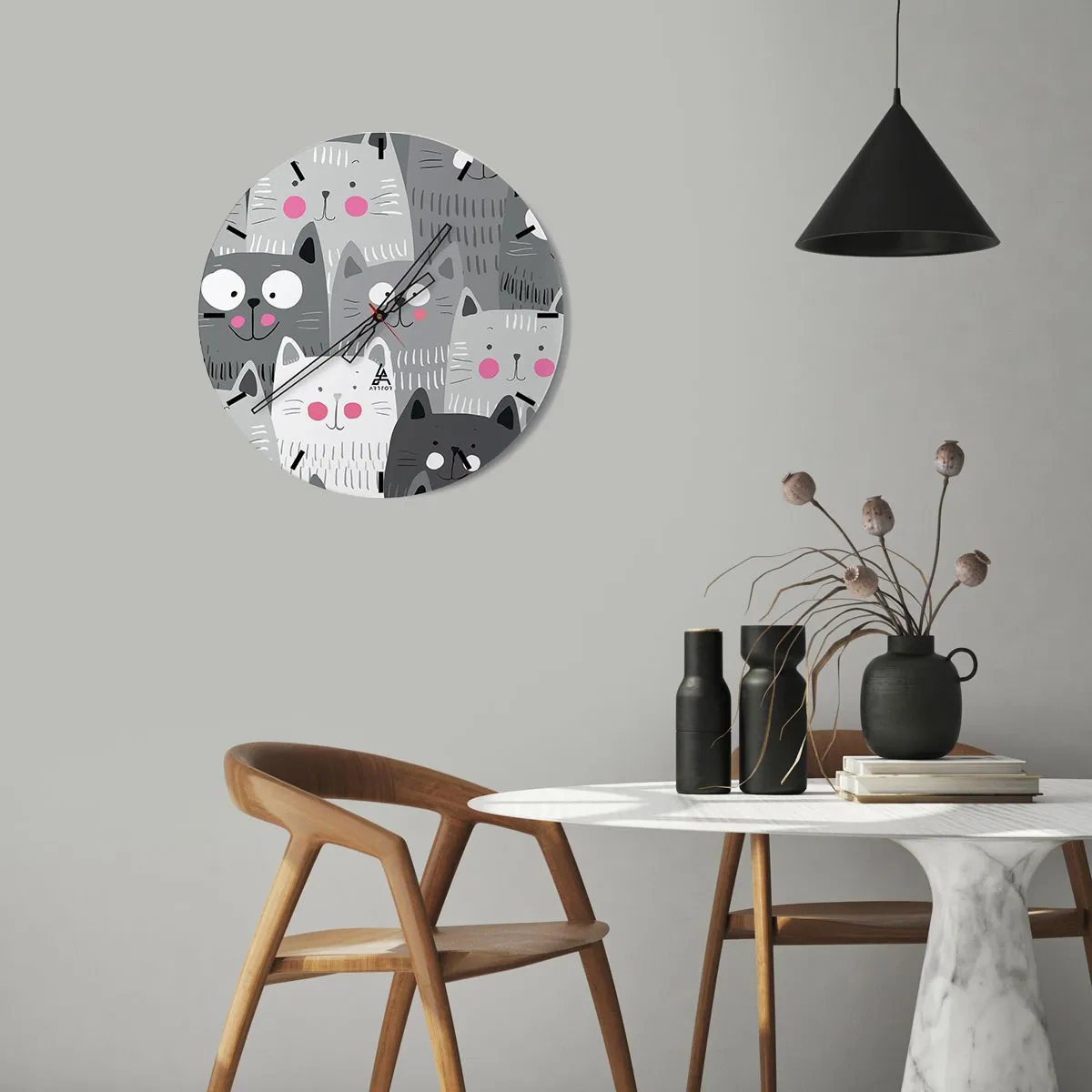 Falióra, Óra - Szürke és fehér macskák szemléltető stílusban - 30x30cm - A macska világa - Modern fali dekoráció nappalihoz, konyhához és hálószobához ARTTOR