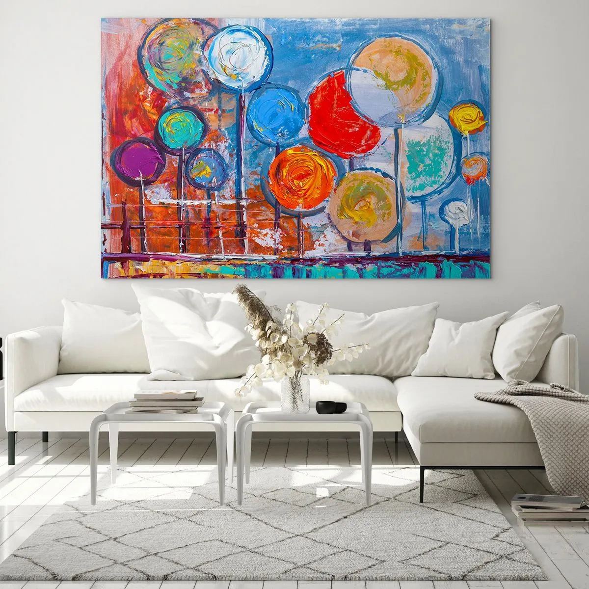 Üveg kép - Színes, absztrakt fák festve az égre - 70x50cm - Csodák a boton - Modern fali dekoráció nappalihoz és hálószobához ARTTOR