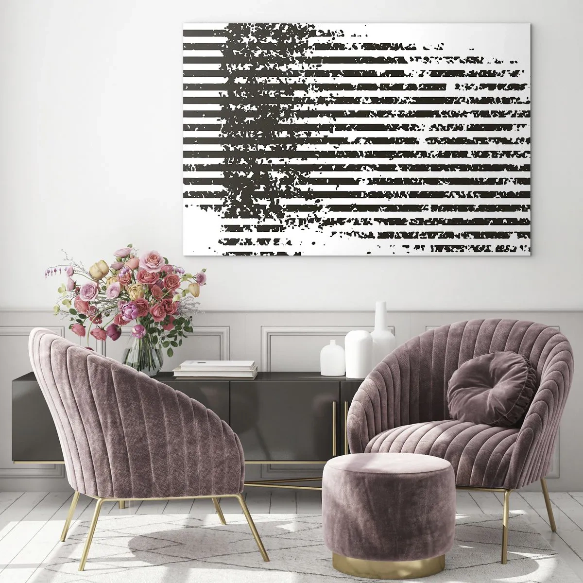 Üveg kép - Fekete-fehér vízszintes vonalak zaj- és kopáshatásokkal - 70x50cm - Ritmus és zaj - Modern fali dekoráció nappalihoz és hálószobához ARTTOR
