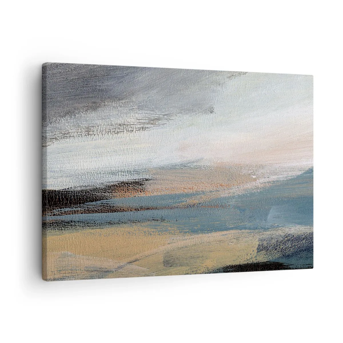 Vászonkép - Absztrakt tájkép visszafogott kék és bézs árnyalatokban - 70x50cm - Absztrakció: északi táj - Modern fali dekoráció nappalihoz és hálószobához ARTTOR