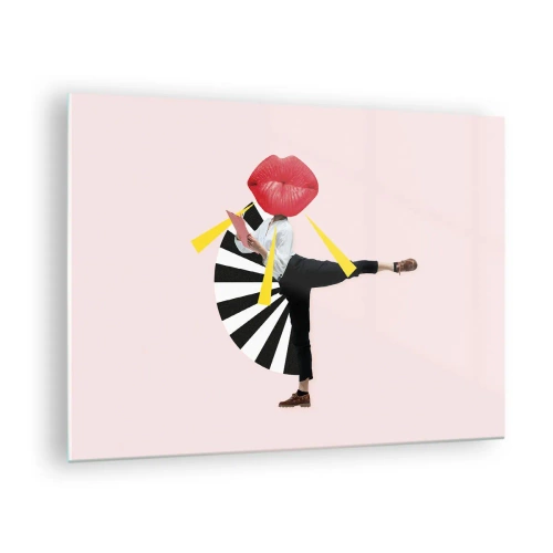 Üveg kép - Egy szürreális pop art kompozíció, melyen egy nagy szájú karakter látható rózsaszín háttér előtt. - 70x50cm - Szürreális pop art - Modern fali dekoráció nappalihoz és hálószobához ARTTOR