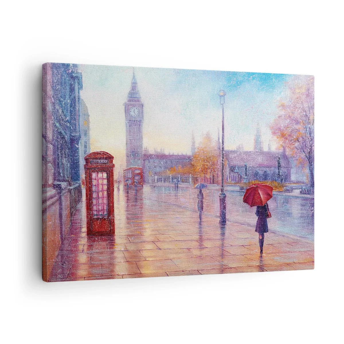 Vászonkép - Londoni utca a Big Bennel egy esős napon - 70x50cm -  Őszi nap Londonban - Modern fali dekoráció nappalihoz és hálószobához ARTTOR