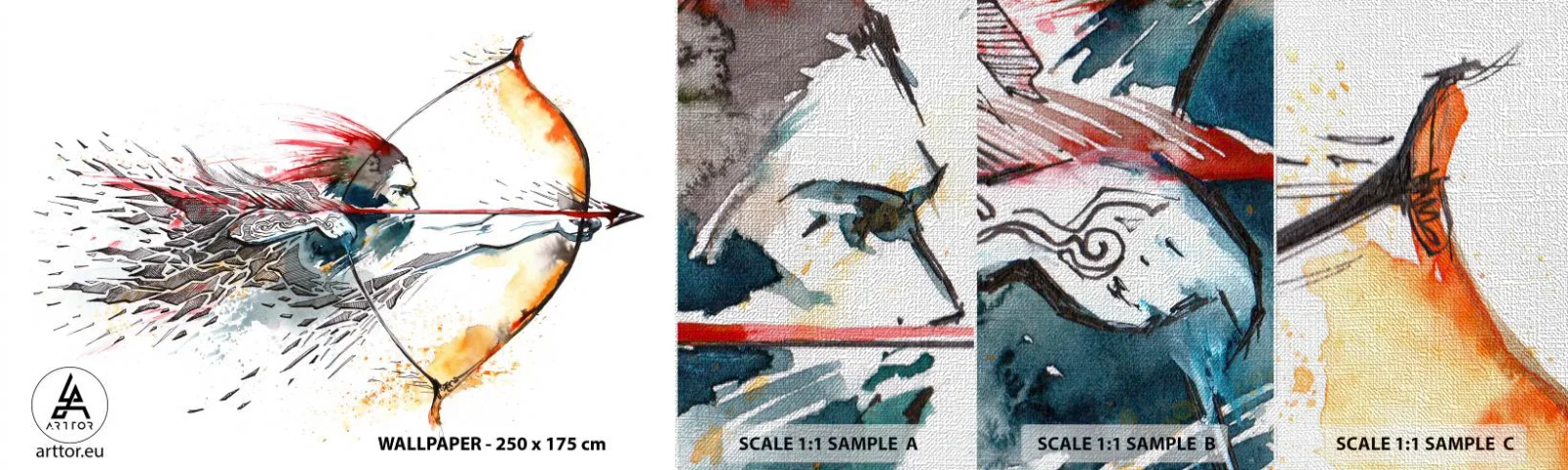 Fotótapéta Minta Premium Canvas - Mitikus harcos tüzes íjjal - Absztrakció, Fegyveres, Bow Shot - 100x30 cm