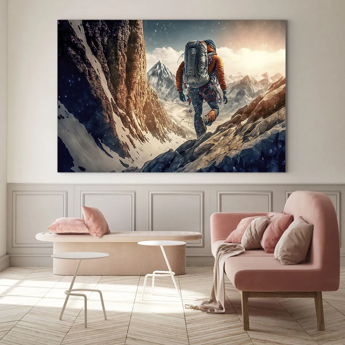 Üveg kép - Egy túrázó mászik egy sziklás, hófödte hegyoldalon - 70x50cm - Magányos harcos - Modern fali dekoráció nappalihoz és hálószobához ARTTOR