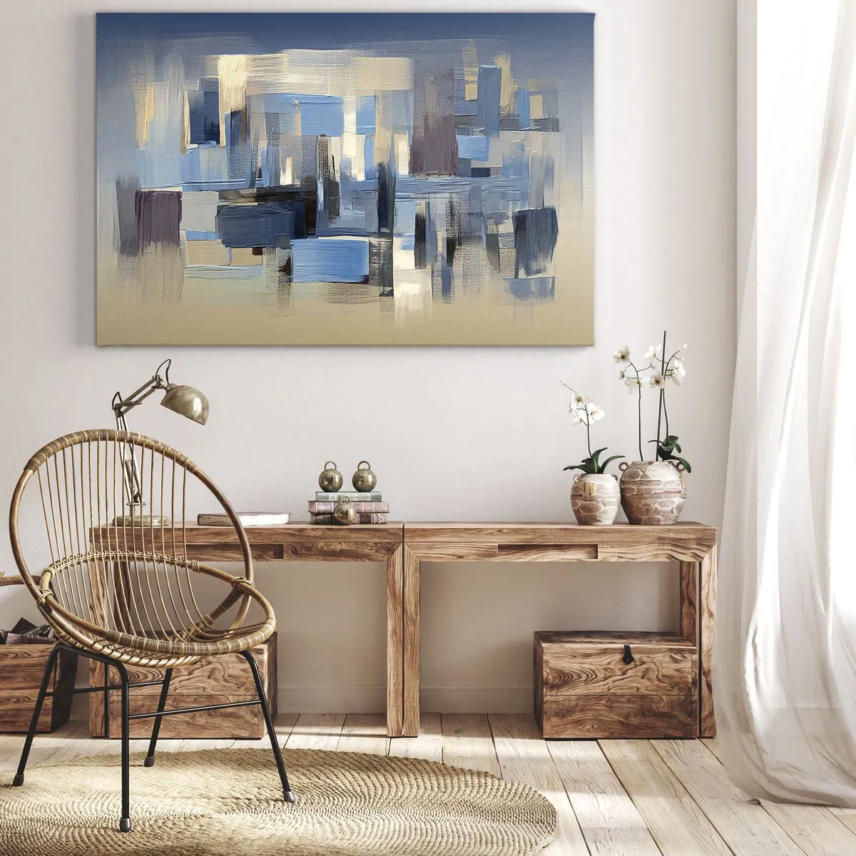 Vászonkép - Geometriai formák kék és bézs árnyalatokban - 70x50cm - Kék építmény - Modern fali dekoráció nappalihoz és hálószobához ARTTOR