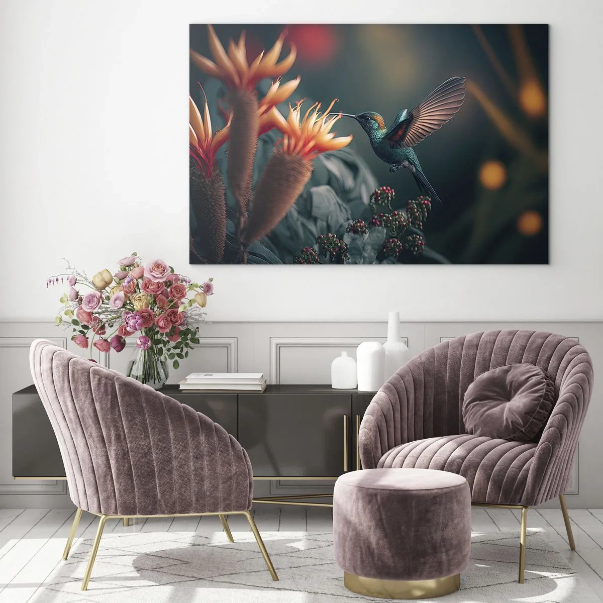 Üveg kép - Egy kolibri lebeg egzotikus virágok felett a levelek között. - 70x50cm - Egy igazán színes élet - Modern fali dekoráció nappalihoz és hálószobához ARTTOR