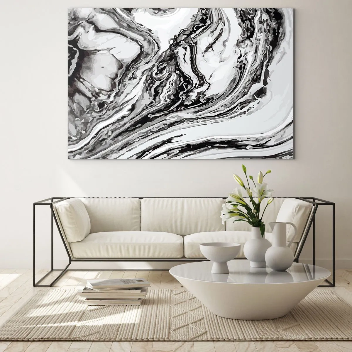 Üveg kép - Egy absztrakt minta fekete-fehér árnyalatokban, hullámokra emlékeztetve. - 70x50cm - Kezdetben káosz uralkodott - Modern fali dekoráció nappalihoz és hálószobához ARTTOR