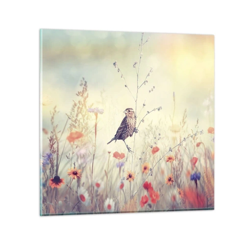 Üveg kép - Madárportré egy réttel a háttérben - 70x70 cm