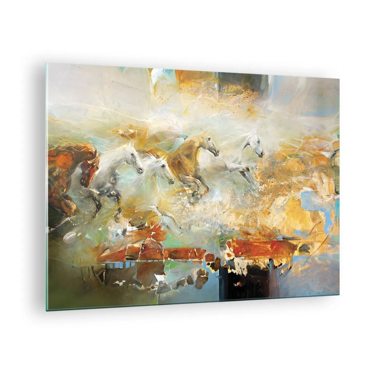 Üveg kép - Absztrakt lovak dinamikus mozgásban - 70x50cm - Vágta a fényen át - Modern fali dekoráció nappalihoz és hálószobához ARTTOR