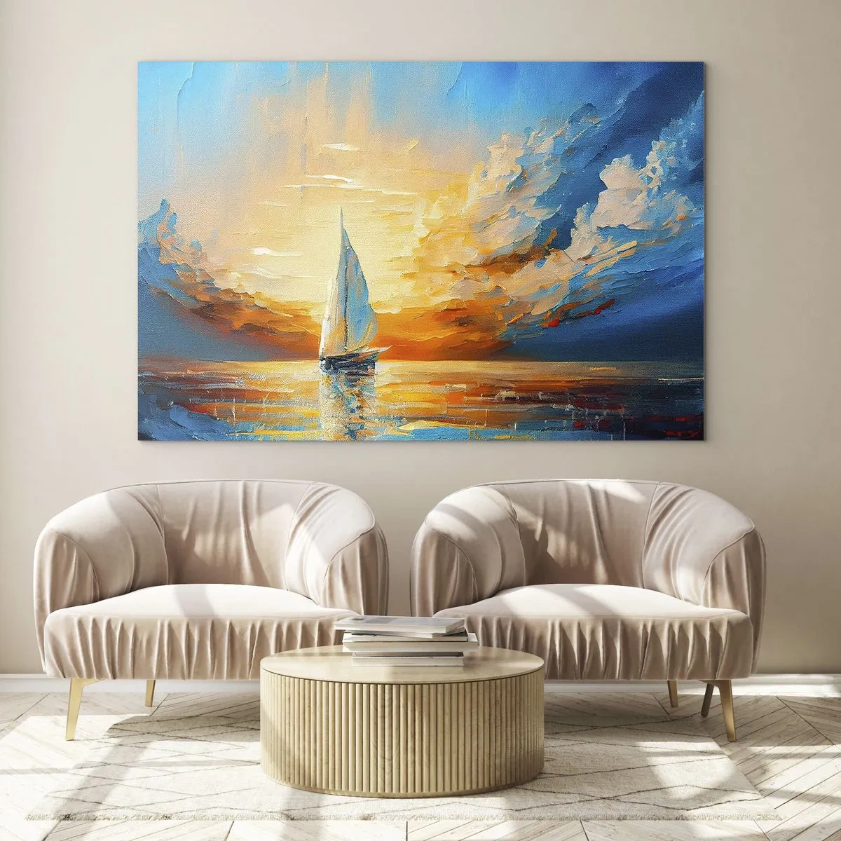 Üveg kép - Egy vitorlás a tengeren a lenyugvó nap fényében - 70x50cm - Aranyban vitorlázva - Modern fali dekoráció nappalihoz és hálószobához ARTTOR