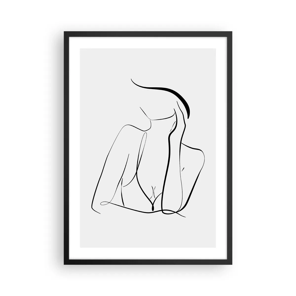 Poszter fehér keretben - Egy minimalista vonal, amely egy női sziluettet ábrázol - 50x70cm - Az álmok hullámán - Modern fali dekoráció nappalihoz és hálószobához ARTTOR