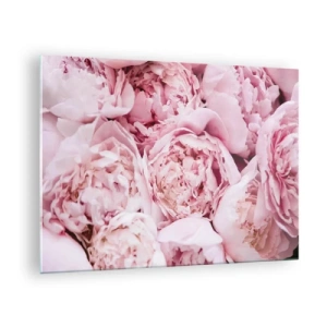 Üveg kép - Egy világos rózsaszín pünkösdi rózsacsokor közeli képe - 70x50cm - Átölelve és illatos - Modern fali dekoráció nappalihoz és hálószobához ARTTOR