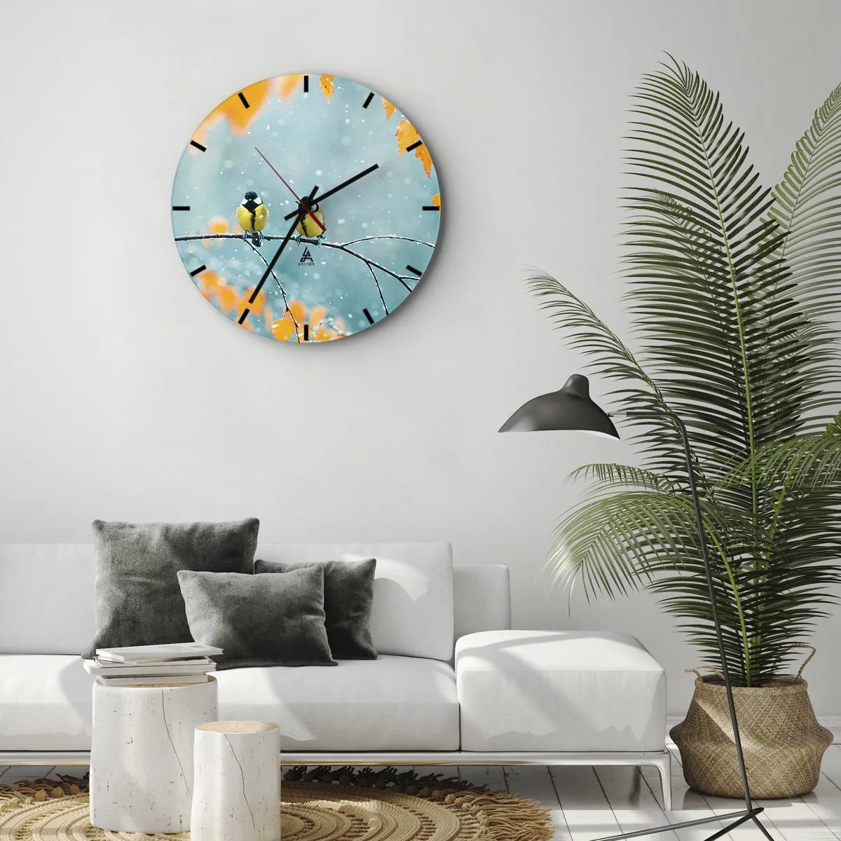Falióra, Óra - Két cinegék egy hófödte ágon téli tájban - 30x30cm - Madárpletykák - Modern fali dekoráció nappalihoz, konyhához és hálószobához ARTTOR