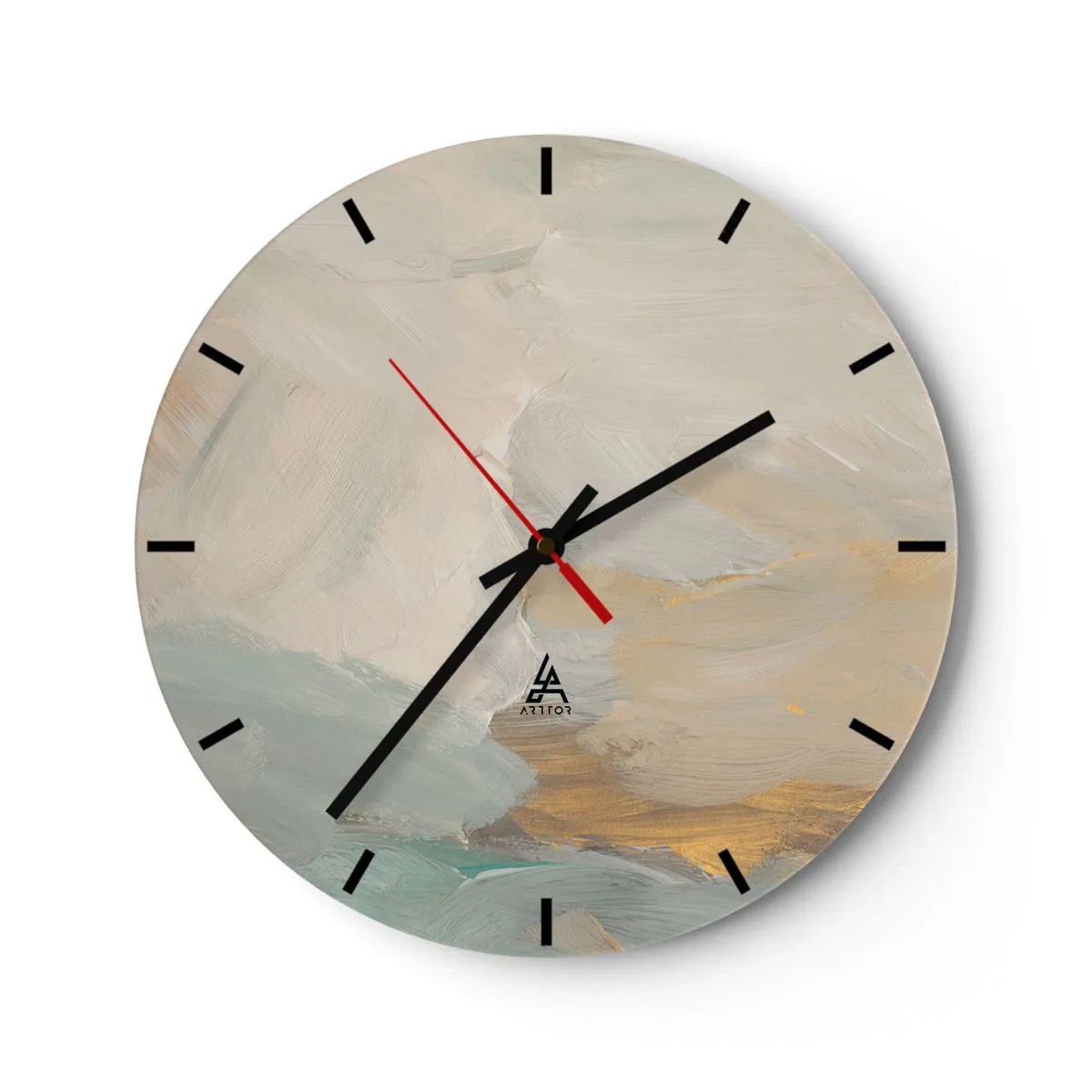 Falióra, Óra - Finom ecsetvonások bézs, kék és arany színben - 30x30cm - Absztrakció - a szelídség földje - Modern fali dekoráció nappalihoz, konyhához és hálószobához ARTTOR