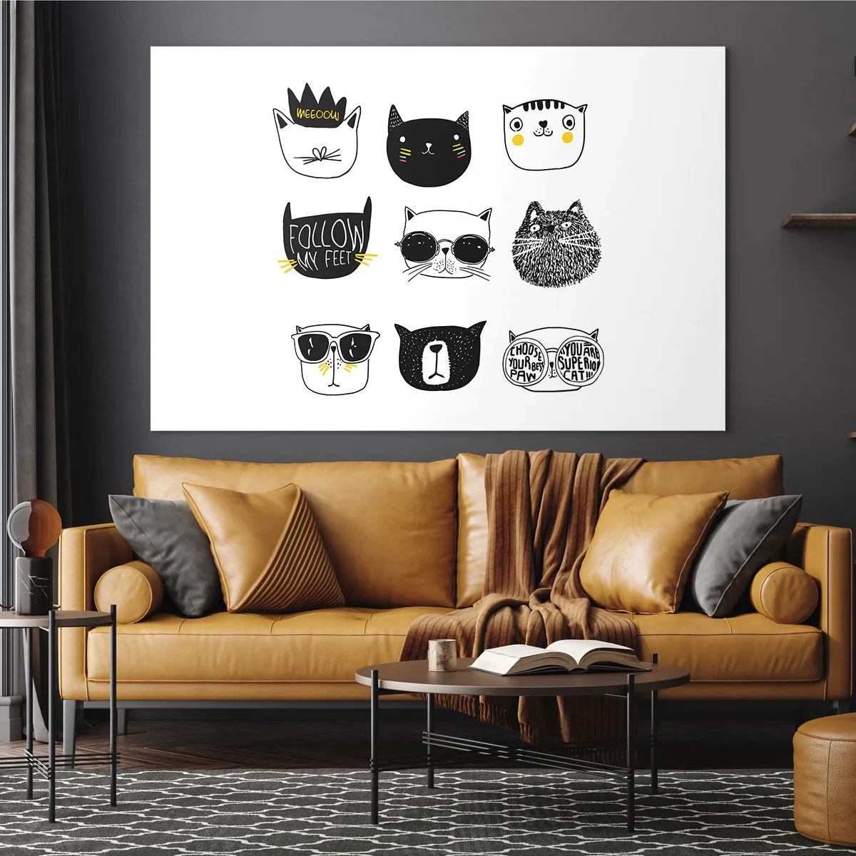 Üveg kép - Imádnivaló macskák illusztrációi minimalista stílusban - 70x50cm - Mindenki más - Modern fali dekoráció nappalihoz és hálószobához ARTTOR