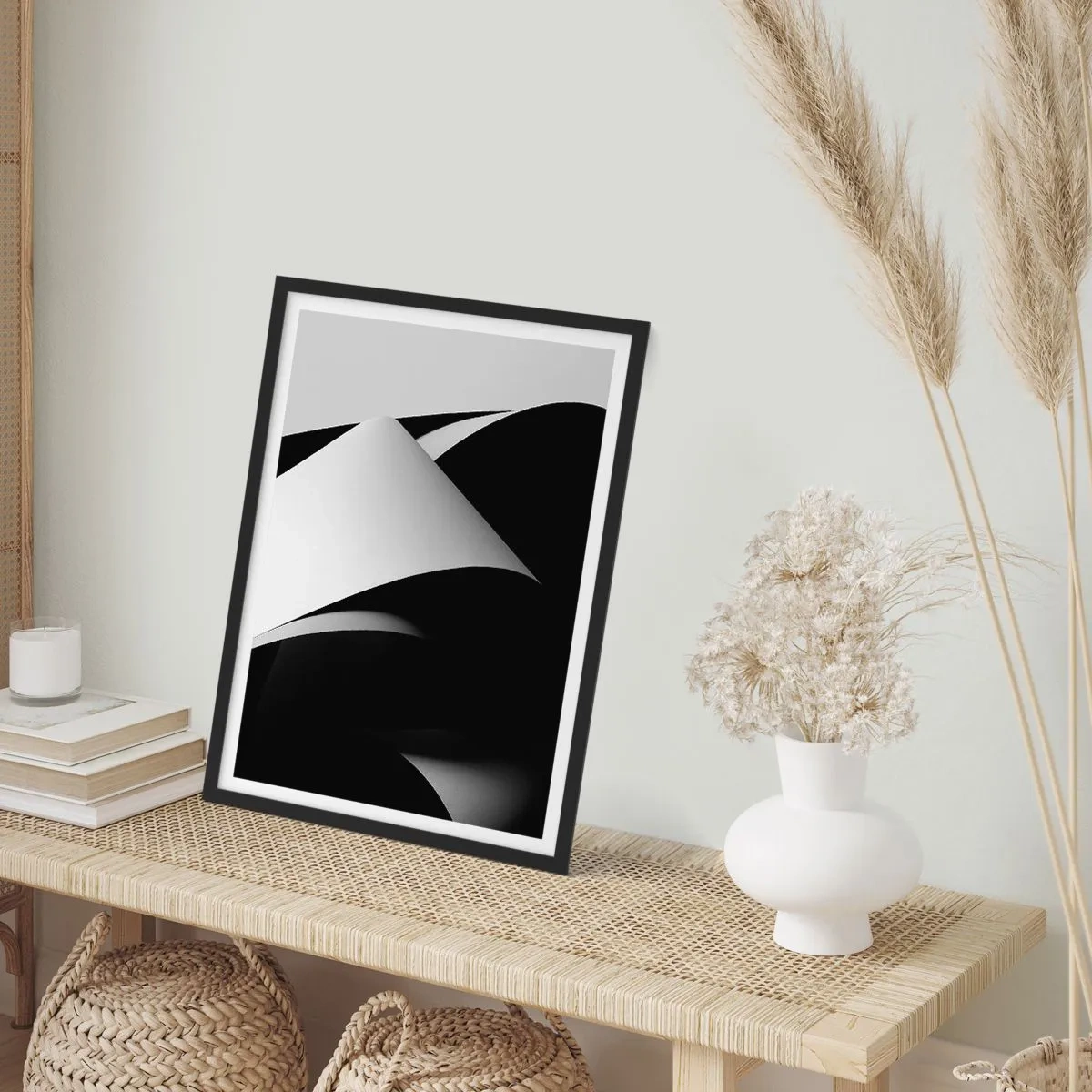 Poszter fehér keretben - Minimalista absztrakció fekete-fehérben - 50x70cm - Fénysíkok az árnyék mélyéről - Modern fali dekoráció nappalihoz és hálószobához ARTTOR