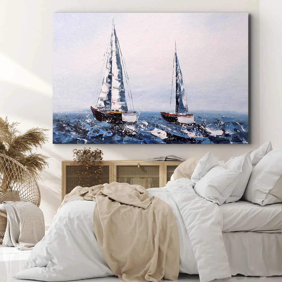 Vászonkép - Vitorlások viharos tengeren festői kompozícióban - 70x50cm - A szél testvérisége - Modern fali dekoráció nappalihoz és hálószobához ARTTOR