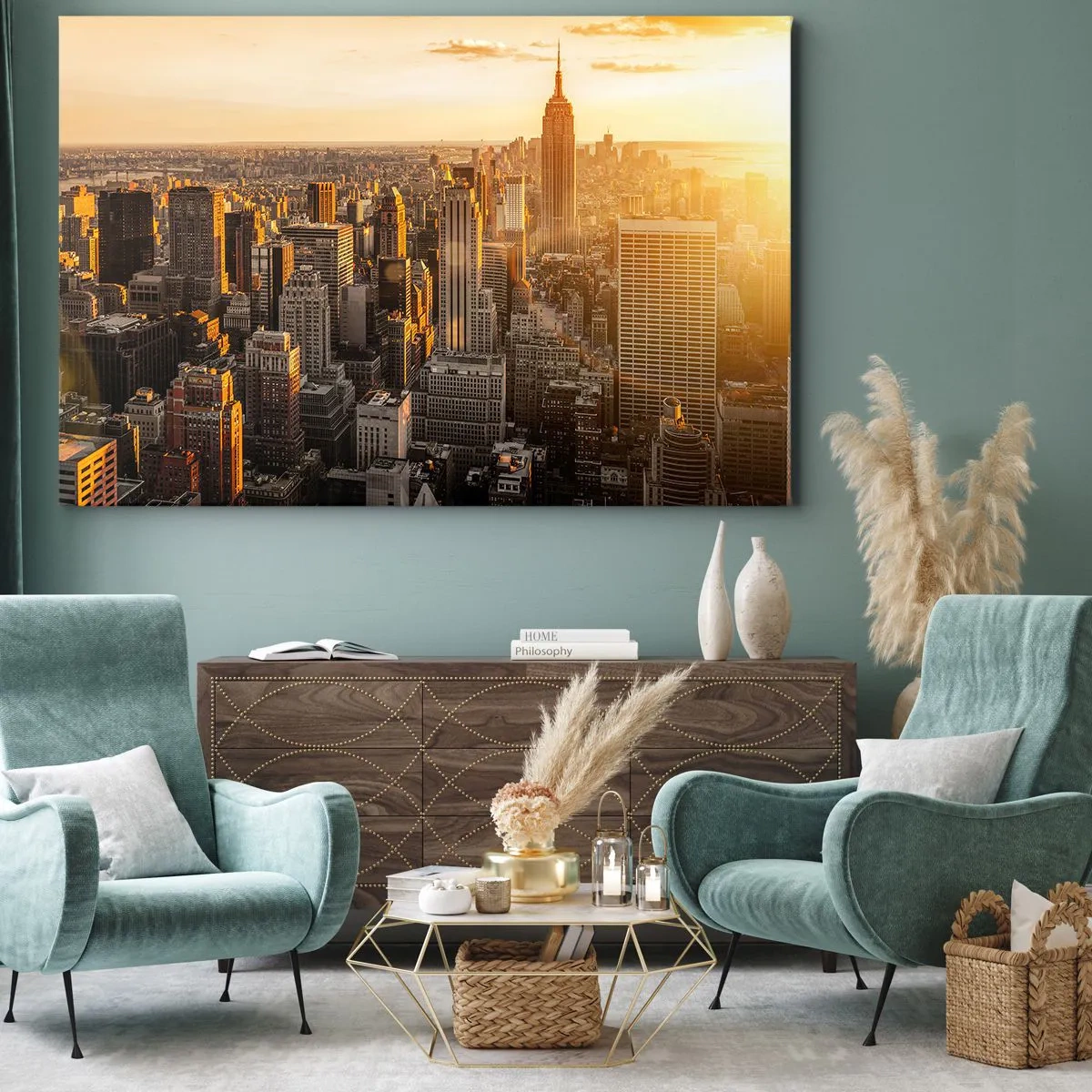 Vászonkép - New York városának látképe naplementekor, kilátással az Empire State Buildingre - 70x50cm - Növekedni a napon - Modern fali dekoráció nappalihoz és hálószobához ARTTOR