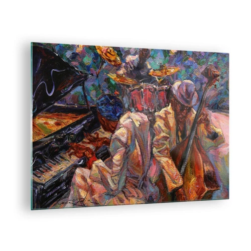 Üveg kép - Színes jazz színpad zenészekkel és hangszerekkel - 70x50cm - Egy ritmusban - Modern fali dekoráció nappalihoz és hálószobához ARTTOR
