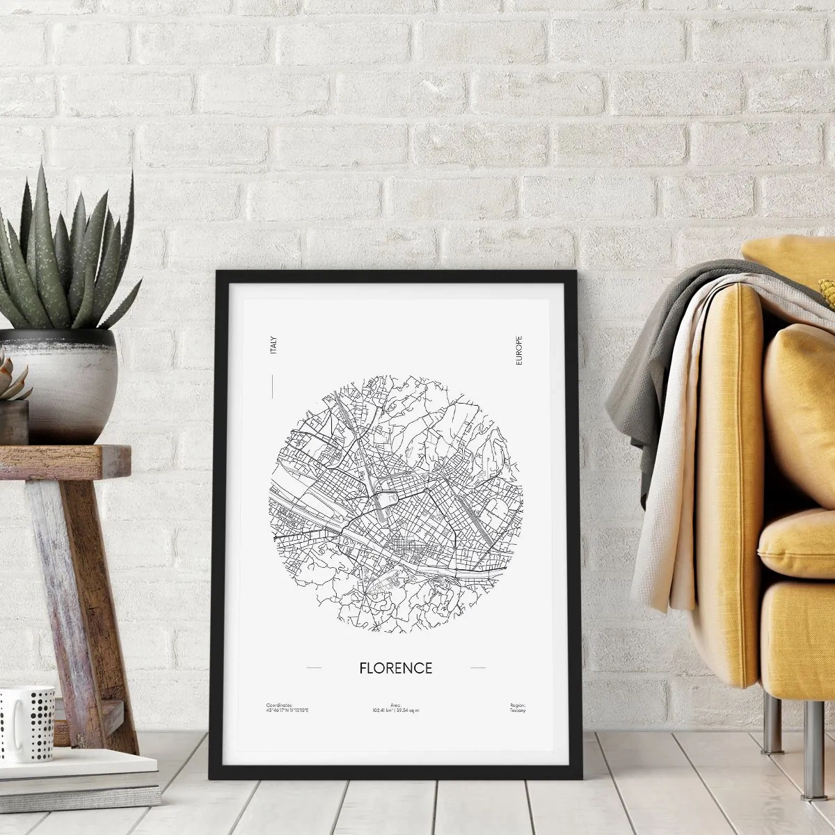 Poszter fehér keretben - Firenze minimalista térképe fekete-fehérben. - 50x70cm - Firenze anatómiája - Modern fali dekoráció nappalihoz és hálószobához ARTTOR