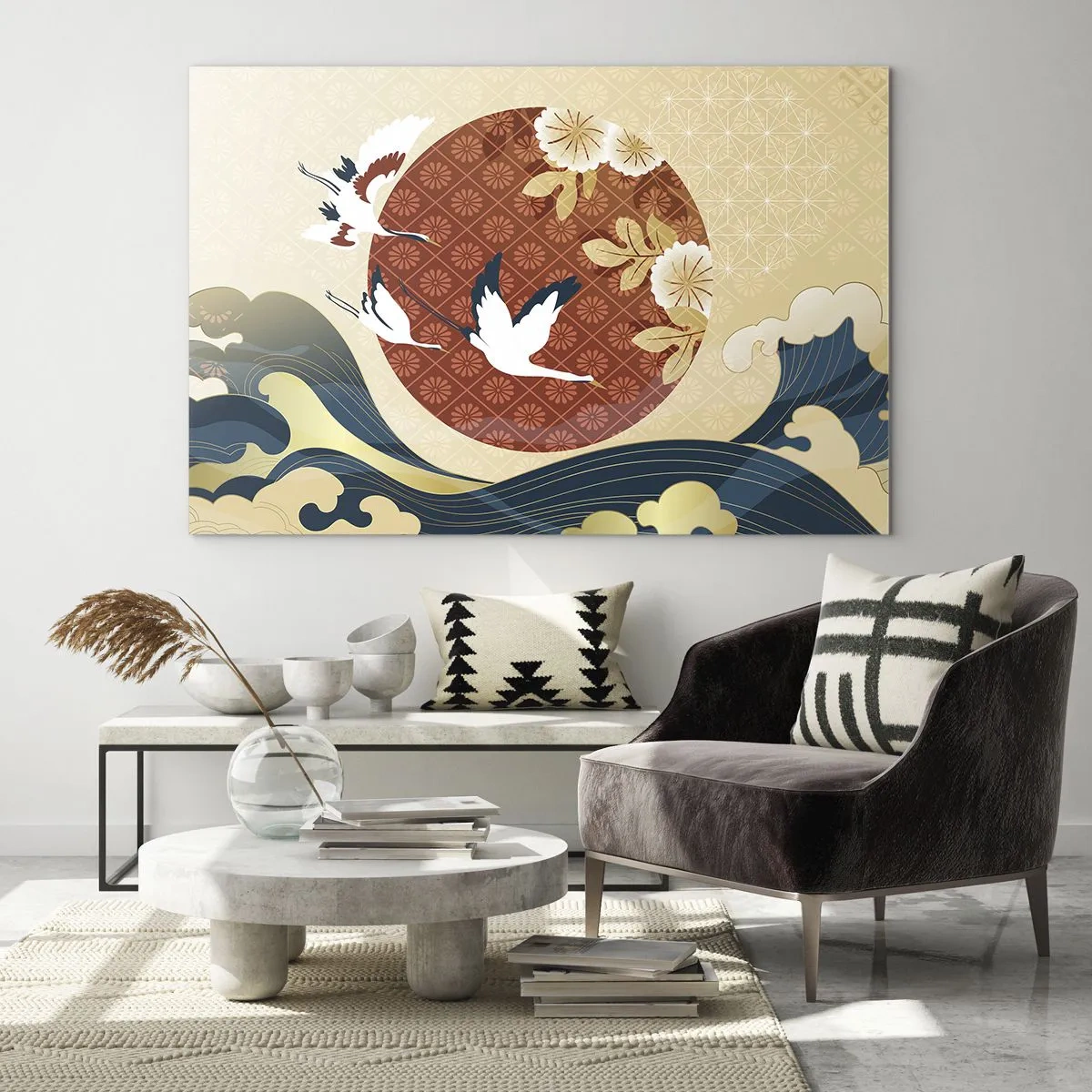 Üveg kép - Japán daruk a hullámok felett egy piros kör hátterében - 70x50cm - Japán mese - Modern fali dekoráció nappalihoz és hálószobához ARTTOR