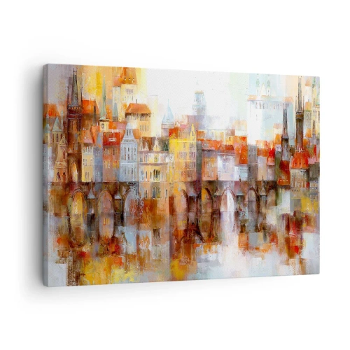 Vászonkép - Festői panoráma a városra egy őszi színekben pompázó híddal - 70x50cm - A híd alatt is gyönyörű - Modern fali dekoráció nappalihoz és hálószobához ARTTOR