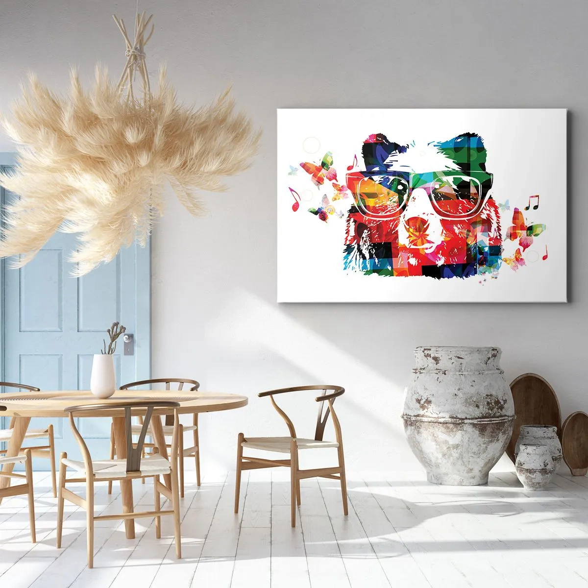 Vászonkép - Színes medve pillangókkal és hangjegyekkel ellátott szemüveggel - 70x50cm - Tetszik nekem! - Modern fali dekoráció nappalihoz és hálószobához ARTTOR