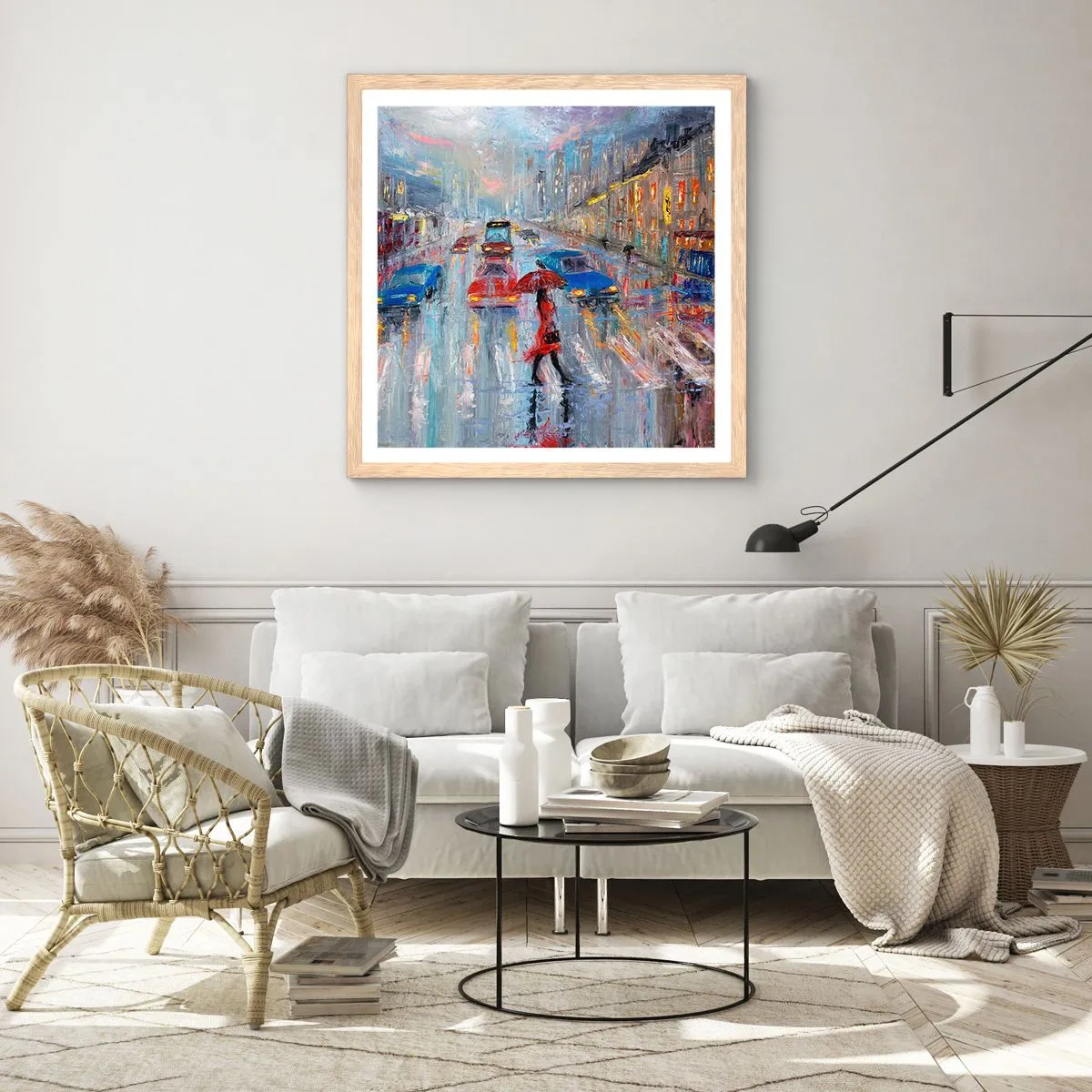 Poszter világos tölgy keretben - Esős délután a városban - 40x40 cm