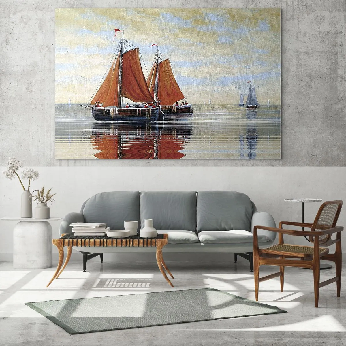 Üveg kép - Vitorlás hajók a nyugodt tengeren naplementekor - 70x50cm - Hé, vitorla, tengerész… - Modern fali dekoráció nappalihoz és hálószobához ARTTOR