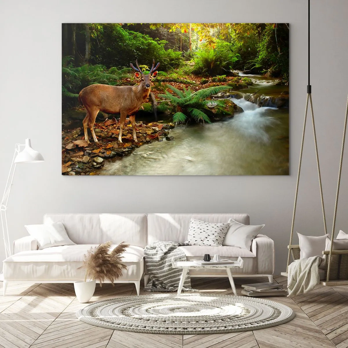 Üveg kép - Egy szarvas egy patak mellett egy napsütötte erdőben - 70x50cm - üdvözöllek a világomban - Modern fali dekoráció nappalihoz és hálószobához ARTTOR
