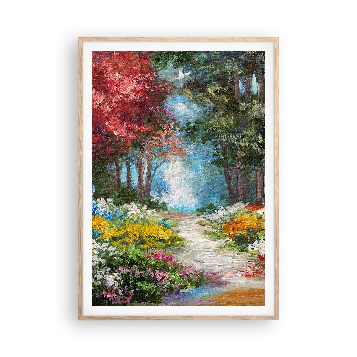 Poszter világos tölgy keretben - Erdei kert, virágos erdő - 70x100 cm