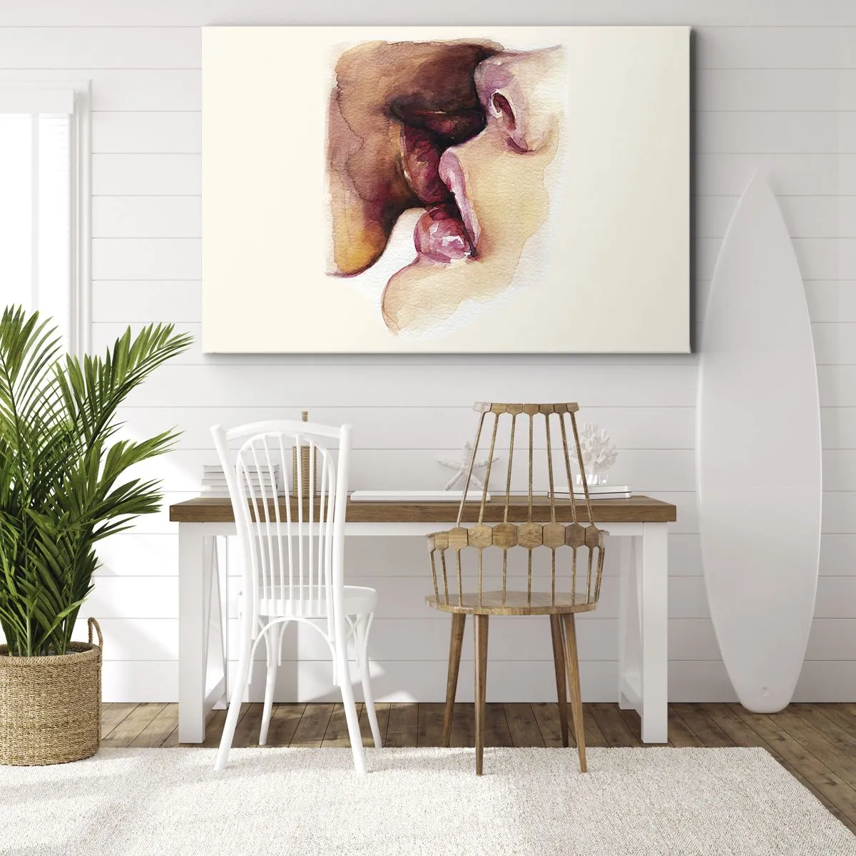Vászonkép - Egy arc közeli képét ábrázoló akvarellfestmény - 70x50cm - Mint éjszaka és nap, föld és ég - Modern fali dekoráció nappalihoz és hálószobához ARTTOR