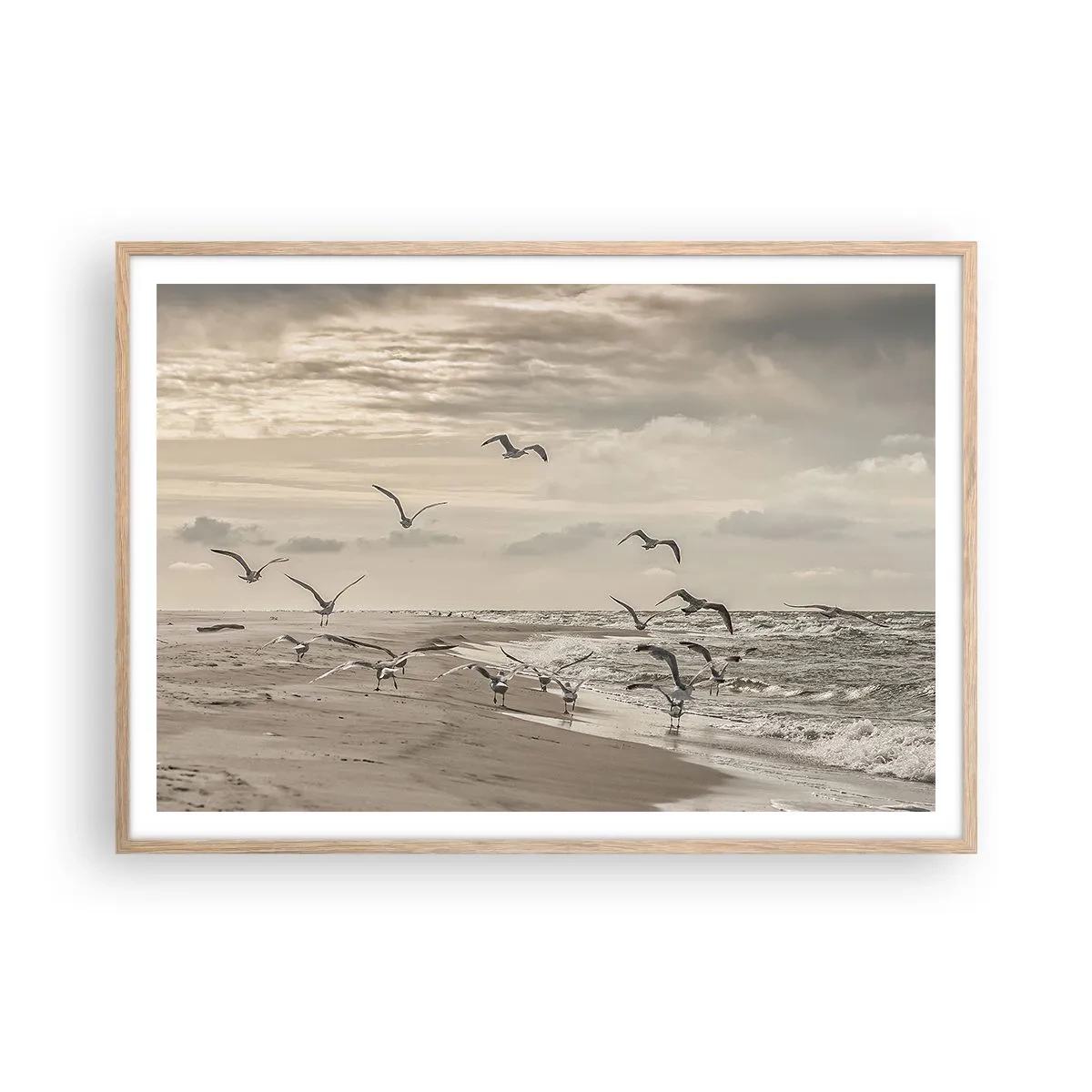 Poszter világos tölgy keretben - A tenger hangja, a madarak éneke - 100x70 cm