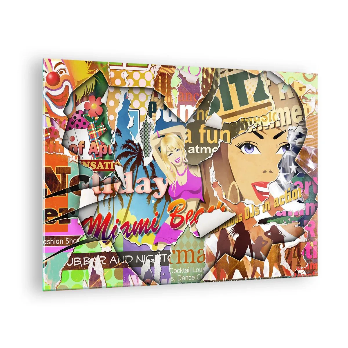 Üveg kép - Színes retró kollázs poszterekkel és grafikákkal - 70x50cm - Nyári visszaemlékezések - Modern fali dekoráció nappalihoz és hálószobához ARTTOR