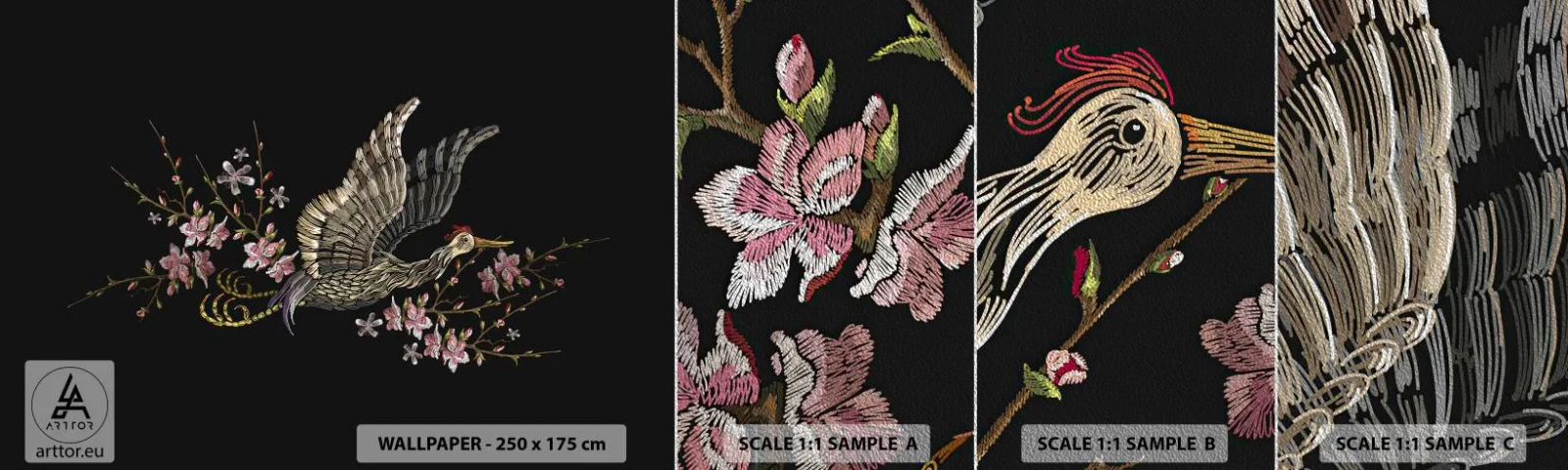 Fotótapéta Minta Premium Sand - Egzotikus hímzett madár - Madár, Grafika, Virágok - 100x30 cm