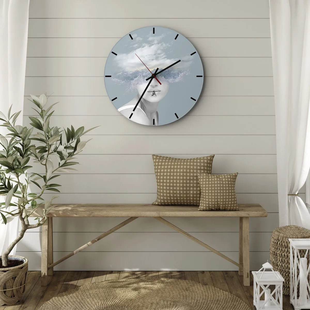 Falióra, Óra - Egy női portré hullámokkal és felhőkkel a szemek helyett. - 30x30cm - Fejjel a fellegekben - Modern fali dekoráció nappalihoz, konyhához és hálószobához ARTTOR