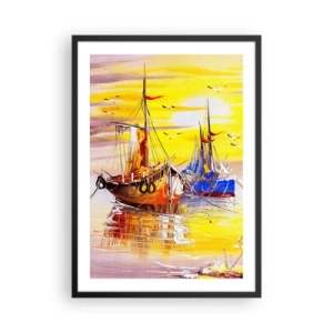 Poszter fehér keretben - Színes vitorlások naplementekor - 50x70cm - Megérdemelt pihenés a kikötőben - Modern fali dekoráció nappalihoz és hálószobához ARTTOR