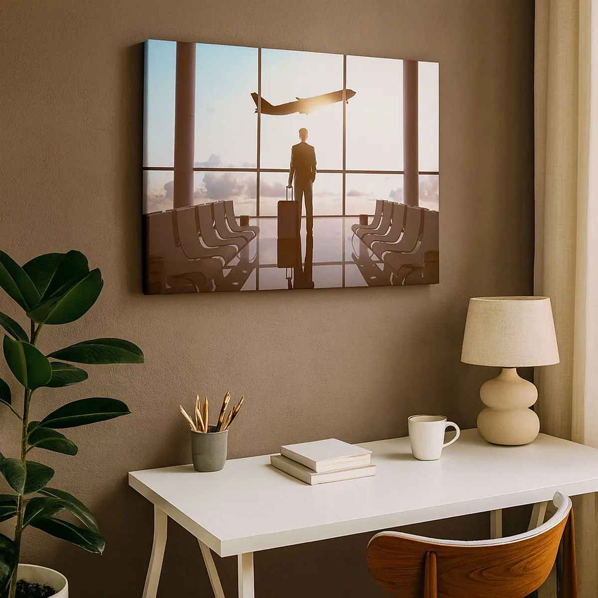 Vászonkép - Üzletember a repülőtéren, a háttérben egy repülőgéppel - 70x50cm - Van időd, lassíts - Modern fali dekoráció nappalihoz és hálószobához ARTTOR